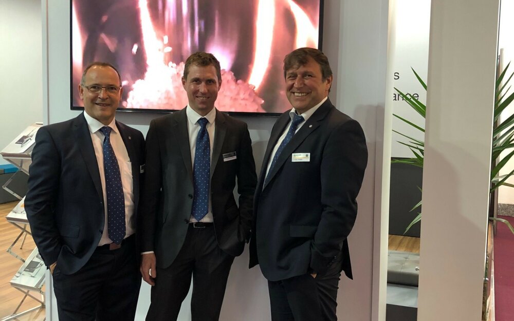 Brückner Servtec Regional Service Manager Juan Carols Sanchez (left) and Director Aftersales & Service Christian Aigner (right) with Brückner Maschinenbau Sales Manager Sebastian Ruhland (middle). Brückner Servtec Regional Service Manager Juan Carols Sanchez (left) and Director Aftersales & Service Christian Aigner (right) with Brückner Maschinenbau Sales Manager Sebastian Ruhland (middle).