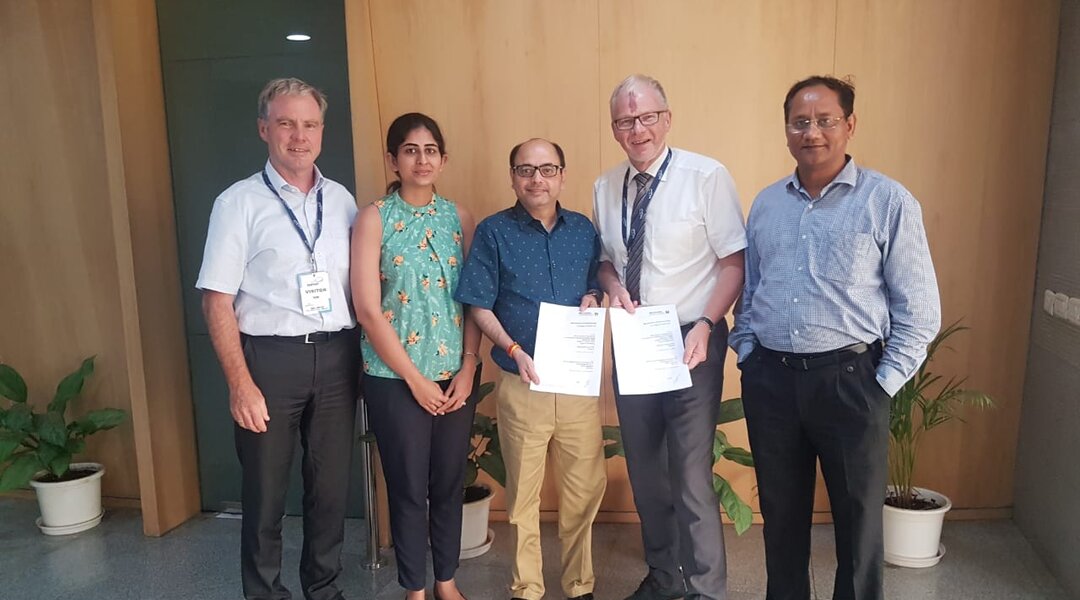 Prashant Mehra, President & CEO (center); Hari Kishore Singh, Executive Vice President – Head Global Operations & Business Excellence (right); Megha Sangwan, Assistant to CEO (second left) - all SRF; Helmut Huber, CEO Brückner Maschinenbau (second right); Johann Kreilinger, Head of Sales Brückner Maschinenbau (left) ALTTEXT