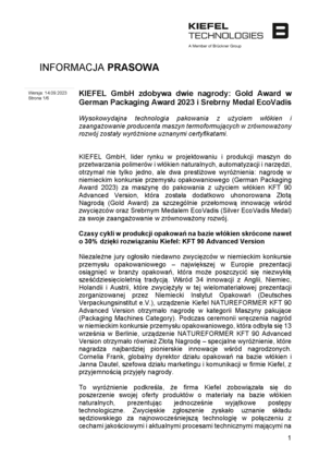 Informacja prasowa_KIEFEL GmbH zdobywa dwie nagrody Gold Award w German Packaging Award 2023 i Srebrny Medal EcoVadis_PL.pdf