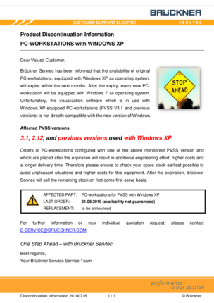 Product Discontinuation PC WORKSTATIONS with WINDOWS XP